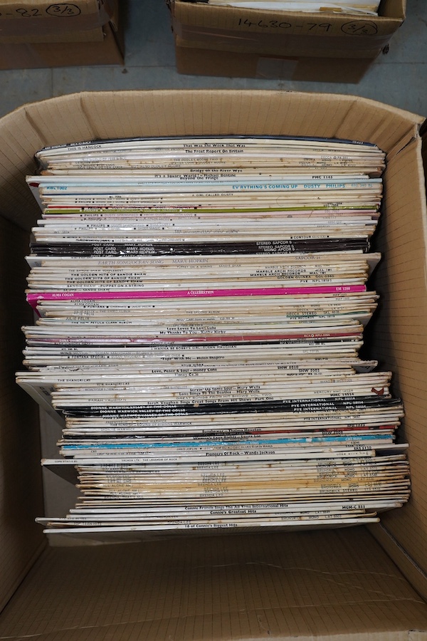 Two boxes of LP record albums, artists include; Chicory Tip, the Byrds, The Fifth Dimension, Lovin’ Spoonful, the Mamas & The Papas, Nancy Sinatra, Francoise Hardy, Nina Simone, Laura Lee, Wanda Jackson, Joan Baez, Mary